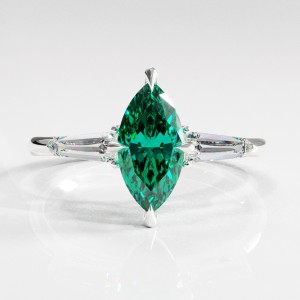 Marquise Cut Lab Grown Emerald Three Stone Engagement Ring