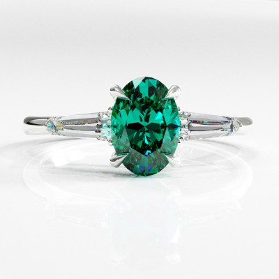 Oval Cut Lab Grown Emerald Three Stone Engagement Ring