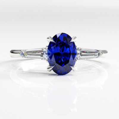 Oval Cut Lab Grown Sapphire Three Stone Engagement Ring