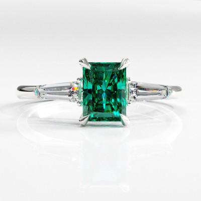 Radiant Cut Lab Grown Emerald Three Stone Engagement Ring