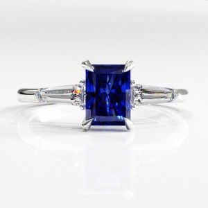 Radiant Cut Lab Grown Sapphire Three Stone Engagement Ring