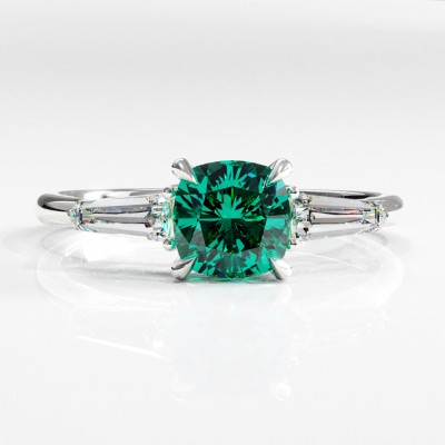 Cushion Cut Lab Grown Emerald Three Stone Engagement Ring