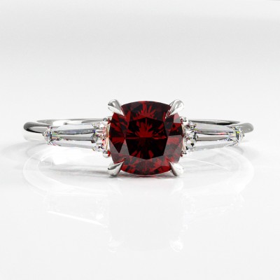 Cushion Cut Lab Grown Ruby Three Stone Engagement Ring