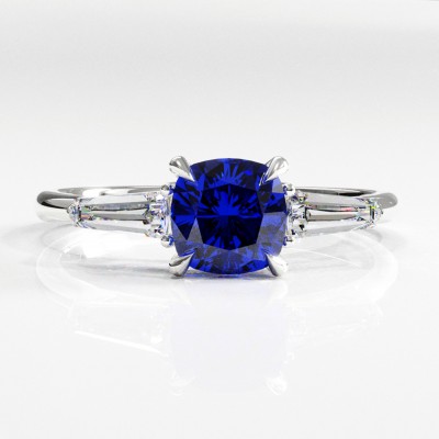 Cushion Cut Lab Grown Sapphire Three Stone Engagement Ring