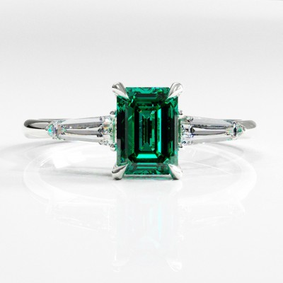 Emerald Cut Lab Grown Emerald Three Stone Engagement Ring