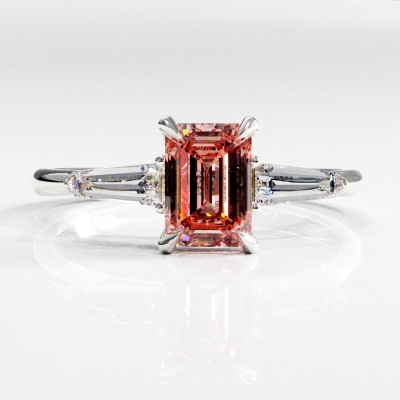 Emerald Cut Lab Grown Morganite Three Stone Engagement Ring