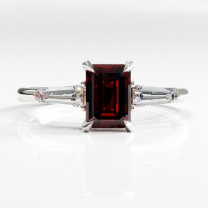 Emerald Cut Lab Grown Ruby Three Stone Engagement Ring