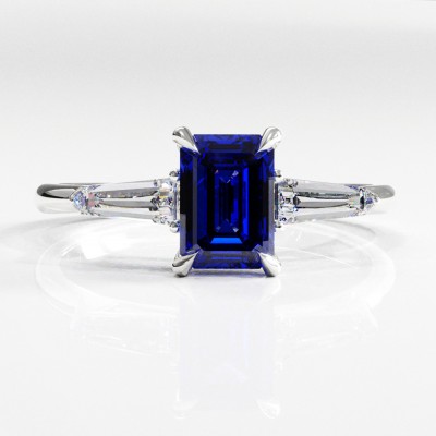 Emerald Cut Lab Grown Sapphire Three Stone Engagement Ring