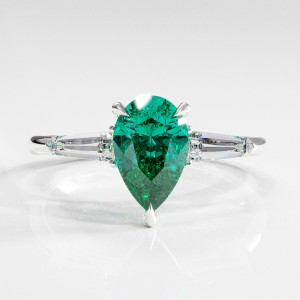 Pear Cut Lab Grown Emerald Three Stone Engagement Ring