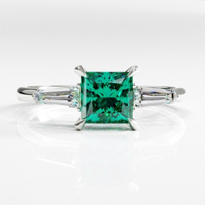 Princess Cut Lab Grown Emerald Three Stone Engagement Ring