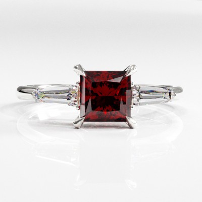 Princess Cut Lab Grown Ruby Three Stone Engagement Ring