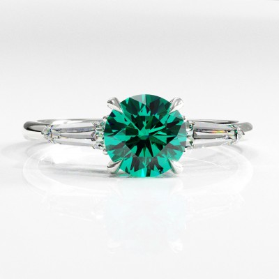 Round Cut Lab Grown Emerald Three Stone Engagement Ring