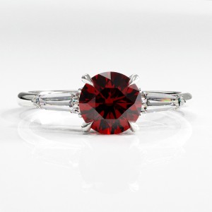 Round Cut Lab Grown Ruby Three Stone Engagement Ring