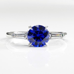 Round Cut Lab Grown Sapphire Three Stone Engagement Ring