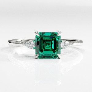 Asscher Cut Lab Grown Emerald Three Stone Engagement Ring