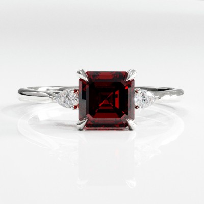 Asscher Cut Lab Grown Ruby Three Stone Engagement Ring