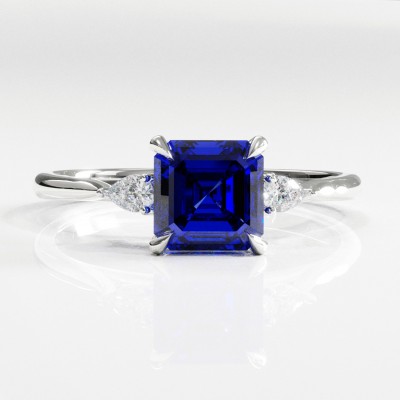 Asscher Cut Lab Grown Sapphire Three Stone Engagement Ring