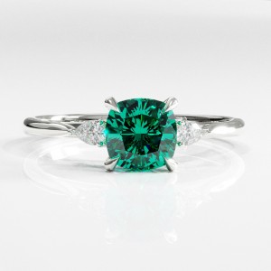 Cushion Cut Lab Grown Emerald Three Stone Engagement Ring