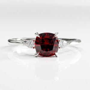 Cushion Cut Lab Grown Ruby Three Stone Engagement Ring