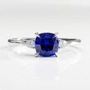 Cushion Cut Lab Grown Sapphire Three Stone Engagement Ring