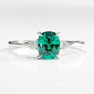 Elongated Cushion Cut Lab Grown Emerald Three Stone Engagement Ring