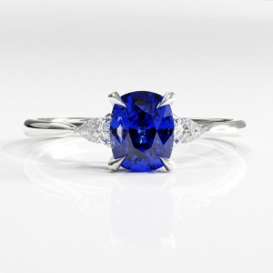 Elongated Cushion Cut Lab Grown Sapphire Three Stone Engagement Ring