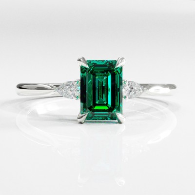 Emerald Cut Lab Grown Emerald Three Stone Engagement Ring