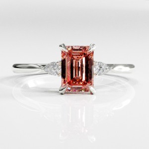 Emerald Cut Lab Grown Morganite Three Stone Engagement Ring