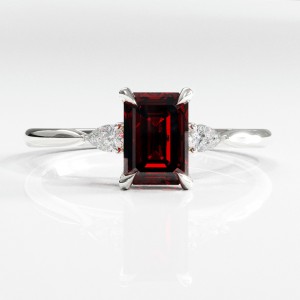 Emerald Cut Lab Grown Ruby Three Stone Engagement Ring