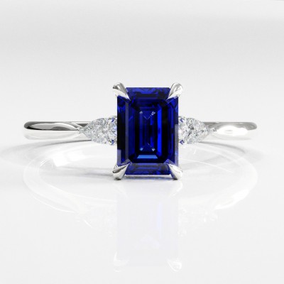 Emerald Cut Lab Grown Sapphire Three Stone Engagement Ring