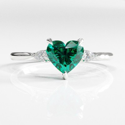 Heart Cut Lab Grown Emerald Three Stone Engagement Ring