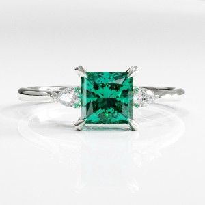 Princess Cut Lab Grown Emerald Three Stone Engagement Ring