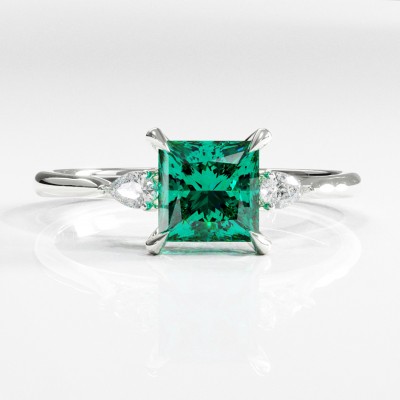 Princess Cut Lab Grown Emerald Three Stone Engagement Ring