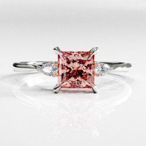 Princess Cut Lab Grown Morganite Three Stone Engagement Ring