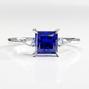 Princess Cut Lab Grown Sapphire Three Stone Engagement Ring