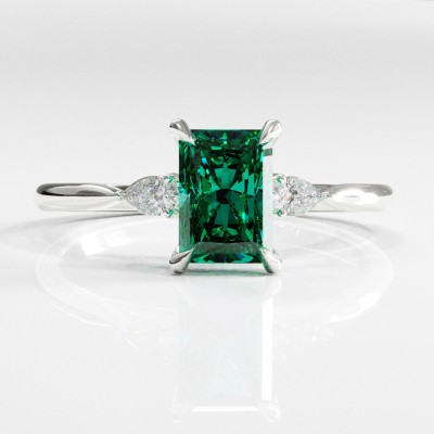 Radiant Cut Lab Grown Emerald Three Stone Engagement Ring