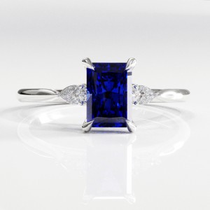 Radiant Cut Lab Grown Sapphire Three Stone Engagement Ring