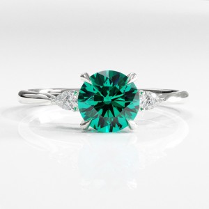 Round Cut Lab Grown Emerald Three Stone Engagement Ring