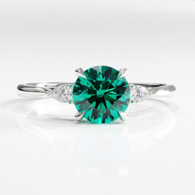 Round Cut Lab Grown Emerald Three Stone Engagement Ring