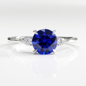 Round Cut Lab Grown Sapphire Three Stone Engagement Ring