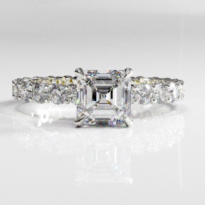 Asscher Cut Moissanite Hidden Halo Side Stone Engagement Ring