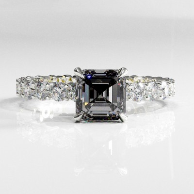 Asscher Cut Moissanite Hidden Halo Pave Engagement Ring