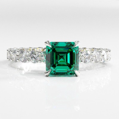 Asscher Cut Lab Grown Emerald Hidden Halo Pave Engagement Ring