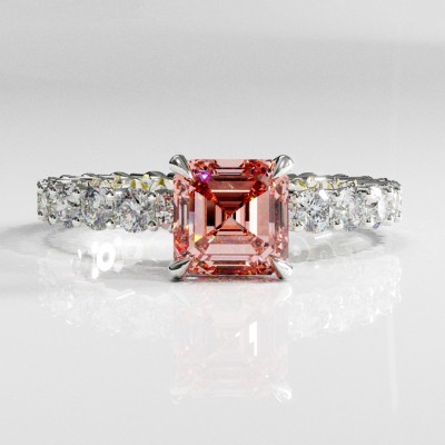 Asscher Cut Lab Grown Morganite Hidden Halo Pave Engagement Ring