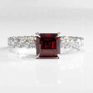 Asscher Cut Lab Grown Ruby Hidden Halo Side Stone Engagement Ring