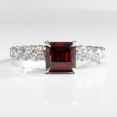 Asscher Cut Lab Grown Ruby Hidden Halo Side Stone Engagement Ring