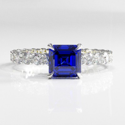 Asscher Cut Lab Grown Sapphire Hidden Halo Pave Engagement Ring