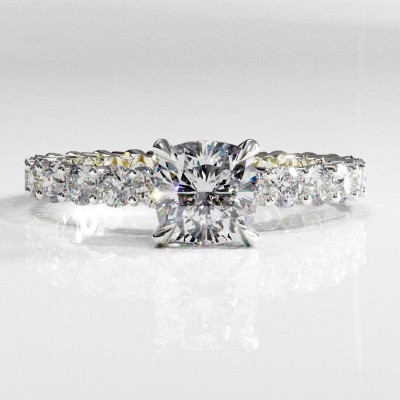 Cushion Cut Moissanite Hidden Halo Pave Engagement Ring