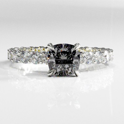 Cushion Cut Moissanite Hidden Halo Pave Engagement Ring