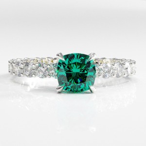 Cushion Cut Lab Grown Emerald Hidden Halo Pave Engagement Ring